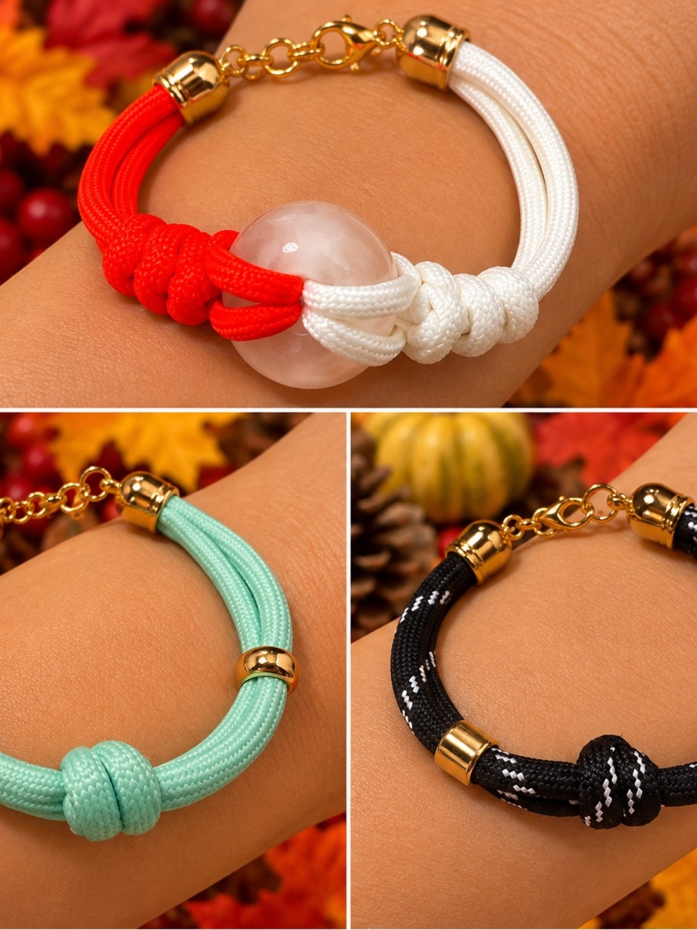 Adjustable Knot Cord Bracelet with Stone Bead - Red & White